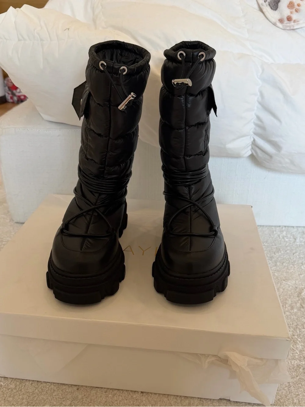 RAYE Black Quilted Puffer Winter Boots with Lug Sole